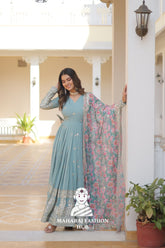 V Neck Faux Georgette Gown with Full Sleeves and Embroidered Silk Dupatta